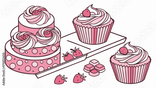 Sweet Treats Pink Cupcakes and Cake Illustration Perfect for Bakery Dessert Menu or Food Blog Design.