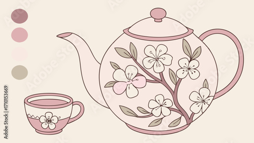 Teapot and Teacup with Floral Design Pink and Beige Color Palette Cute Illustration Spring Theme Breakfast Afternoon Tea Home Decor Kitchen Decor.
