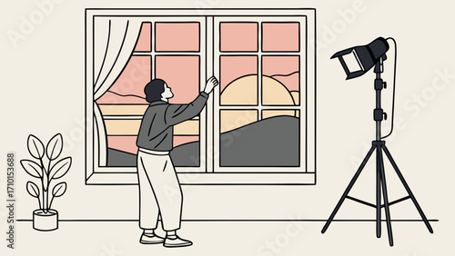 Sunset View from Window Studio Lighting Minimalist Illustration Modern Art Home Interior Design.