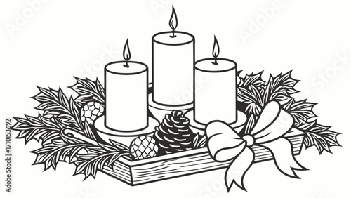 Three Candles with Festive Decorations in a Wooden Tray.