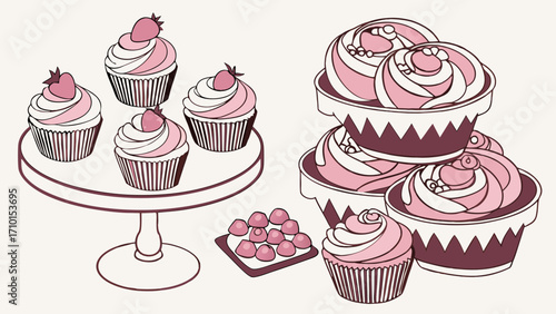 Sweet Treats Cupcakes Dessert Bakery Pink Strawberry Whipped Cream Cake Confectionery Food Illustration Delicious Tasty Festive Party Celebration Menu Design Element Clipart Vec.
