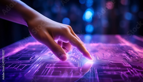 fingertip gently touching a glowing screen vibrant purple and pink hues illuminate the surface creating a futuristic feel