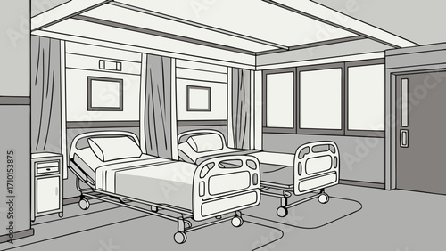 Two Hospital Beds in a Room Medical Illustration Healthcare Interior Design.
