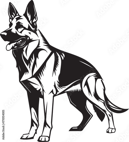 German Shepherd Dog Standing Breed Vector Illustration, Sketch Drawing Line Linear Symbol Icon Engraving Coloring Book, Hand-drawn Doodle Black and White Isolated
