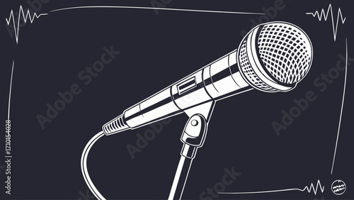 Vintage Microphone Illustration Retro Audio Equipment Music Design Podcast Graphic Broadcasting Symbol Black and White Vector Art Recording Studio Image Soundwave Clipart Mic Icon Karaok.