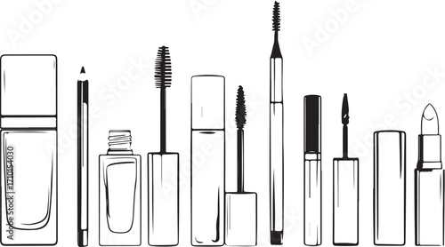 Makeup Items Mascara Pencil Lip Gloss Foundation Vector Illustration, Sketch Drawing Line Linear Symbol Icon Engraving Coloring Book, Hand-drawn Doodle Black and White Isolated
