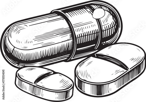 Several Pills Medicine Pharmacy Vector Illustration, Sketch Drawing Line Linear Symbol Icon Engraving Coloring Book, Hand-drawn Doodle Black and White Isolated