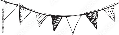 String of Party Flags Vector Illustration, Sketch Drawing Line Linear Symbol Icon Engraving Coloring Book, Hand-drawn Doodle Black and White Isolated