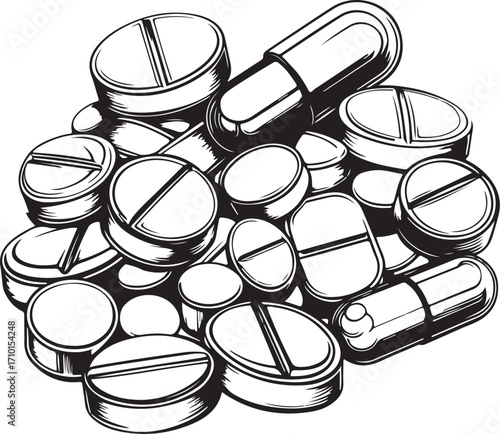 Pile of Pills Tablets Capsules Pharmacology Pharmacy Medicine Drugs Vector Illustration, Sketch Drawing Line Linear Symbol Icon Engraving Coloring Book, Hand-drawn Doodle Black and White Isolated
