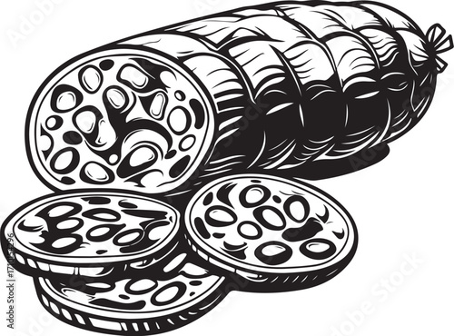 Salami Sausage Meat Vector Illustration, Sketch Drawing Line Linear Symbol Icon Engraving Coloring Book, Hand-drawn Doodle Black and White Isolated