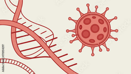 Viral Infection DNA Strand Microbiology Illustration Medical Science Graphic Healthcare Design Virus Particle Genetic Code Red and Beige Color Palette Abstract Science Background Biomedi.