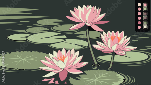 Water Lilies in a Pond Floral Illustration Botanical Art Nature Scene Pink and Green Color Palette.