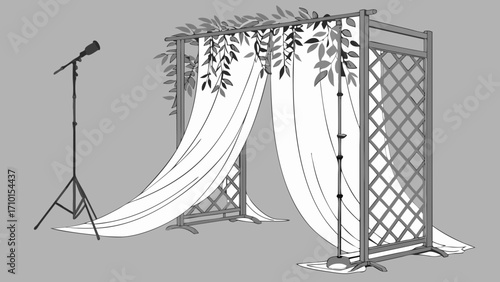 Wedding Ceremony Arch with Draped Fabric and Microphone Setup.