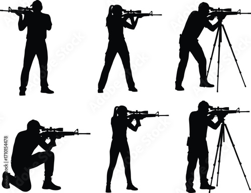 Silhouettes of male and female snipers aiming rifles, shooting positions, tactical military soldiers with sniper rifles, tripod, hunting, target practice vector.