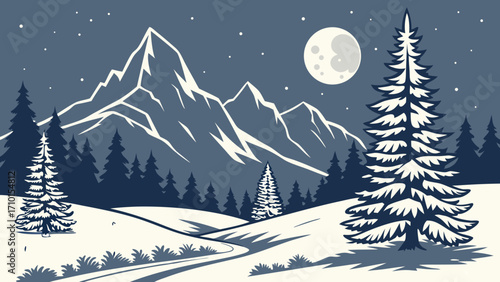 Winter Night Landscape Snowy Mountains Forest and Full Moon Illustration.