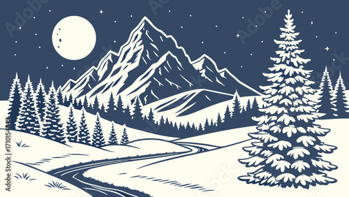 Winter Night Mountain Landscape Snowy Forest Road Full Moon Starry Sky Pine Trees Graphic Design Illustration.