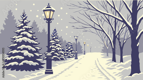 Winter Pathway with Snow Covered Trees and Streetlights at Night.
