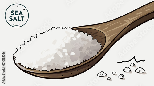 Wooden spoon with sea salt crystals cooking ingredient food photography white background healthy eating culinary seasoning spice gourmet recipe kitchen ingredient texture grain salt.