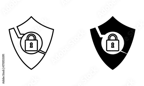 broken shield with padlock, cyber security breach icon vector