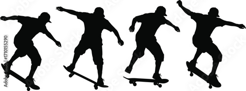 Silhouettes of male skateboarder performing various tricks on skateboard, action sequence, extreme sports, urban youth, dynamic movement, street skating, skateboarding skills