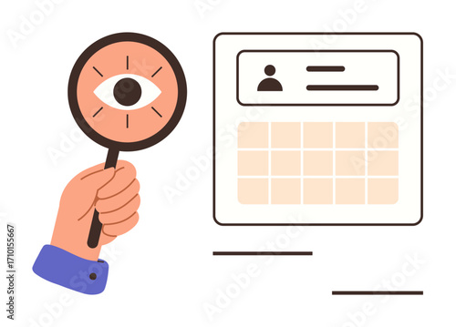 Magnifying glass with eye focuses on user profile in calendar interface. Ideal for data analysis, user focus, profile search, recruitment, scheduling, management, organizational tasks. Clean flat