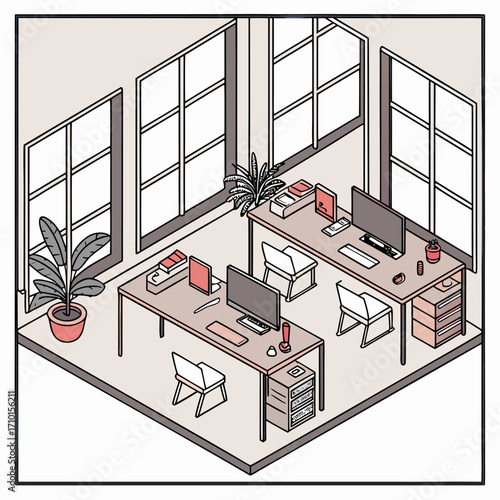 Isometric coworking space with modern desks and seating