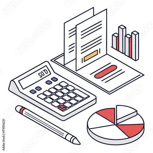 Isometric office desk with calculator icon
