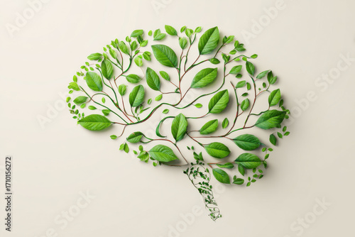Brain with Nature Elements – Mental Health Awareness. Conceptual image of a human brain overlaid with leaves, trees, or natural textures. Symbolizes mental wellbeing and the connection between mind an