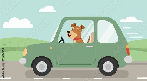 Happy dog looking out of car window while riding in car. Pet travel and adventure. Animal enjoying road trip landscape. Vector flat illustration