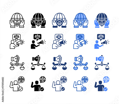 Tolerance, Advocacy, Rights, Participation, multiple style icon set.