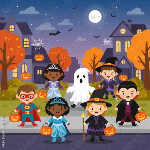 Adorable Kids Trick-or-Treating on Halloween Night