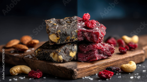 Two pieces of chocolate cake with nuts and berries on top. The cake is on a wooden board with other food items like nuts and berries around it