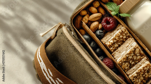 A container of food with nuts and berries sits on a table. The container is brown and has a zipper. The food inside the container is a mix of nuts, berries, and crackers