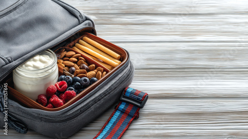 A lunch bag with a variety of food items including yogurt, nuts, and fruit. The bag is open and placed on a wooden surface