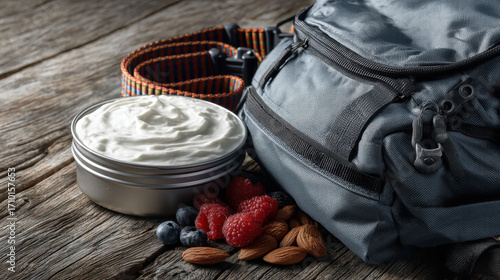 A backpack with a container of yogurt and berries on top of it. The backpack is on a wooden surface