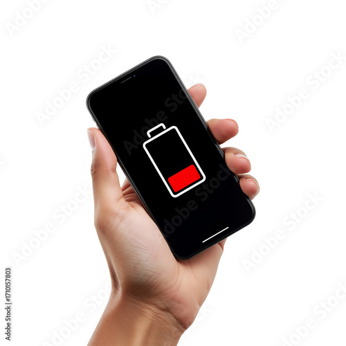 Hand holding smartphone showcasing depleted battery indicator against isolated transparent