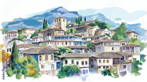 Gjirokaster Old Town. Gjirokaster Old Town watercolor vector illustration