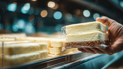 A person is holding a piece of cheesecake in a plastic container. The cheesecake is displayed in a store case, and there are several other cheesecakes on display as well
