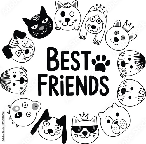 Whimsical doodle art of diverse dog and cat faces forming a circle around "Best Friends" text