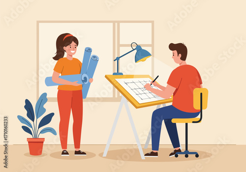 Vector cartoon illustration of two architect working on architect's drawing table
