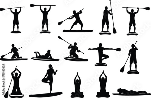 Silhouettes of people practicing paddleboarding and yoga on paddleboards, water sports, balance exercises, fitness activities, outdoor adventure, healthy lifestyle, paddleboard yoga poses