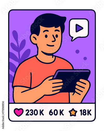 Man cartoon using tablet social media illustration. Influencer character with likes comments and followers. Content creator digital engagement flat design.
