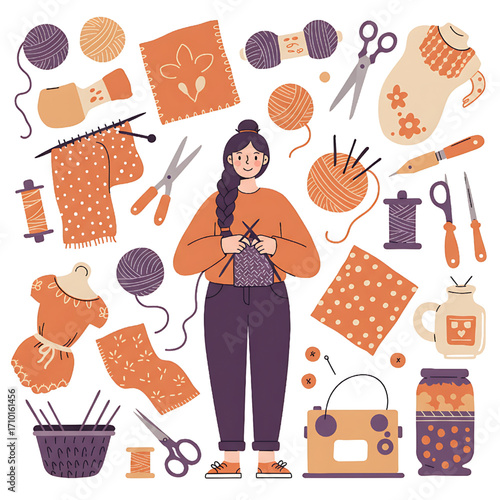 Cozy scene of a woman knitting with craft supplies, flat vector illustration