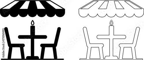 Outdoor cafe table setting with candle light and awning designs