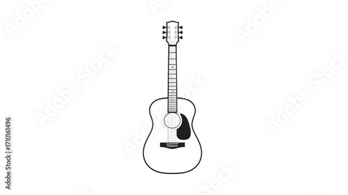 Simple black and white line art of an acoustic guitar. Minimalist musical instrument vector illustration isolated on a white background