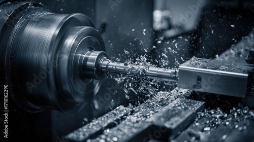 Precision Engineering in Motion: Close-Up of Metal Lathe Cutting Metal with Shavings Flying in Industrial Workshop Environment