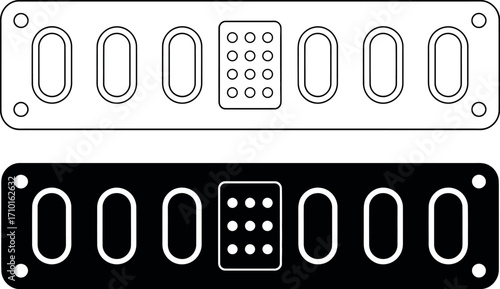 Vector graphic of a panel with holes and circles in black and white