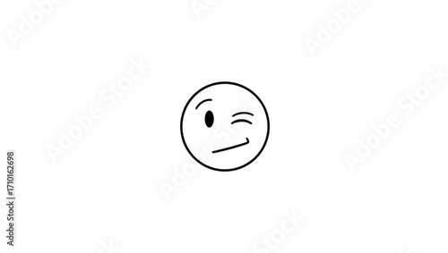 Simple hand-drawn winking emoji with a skeptical expression. Black and white line art illustration of a questioning emoticon face