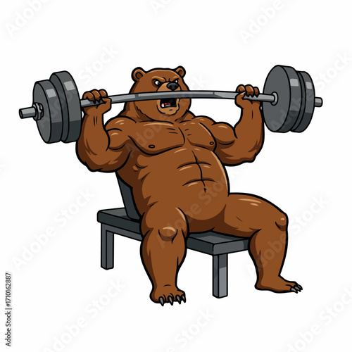 A cartoon brown bear is shown bench pressing a heavy barbell with weights on a gym bench.