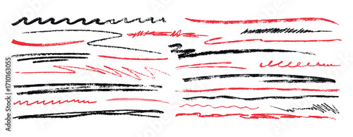 Hand drawn chalk pencil underlines, charcoal texture strikethrough, scribbles or brush strokes. Red and black crayon highlight lines, squiggles isolated on white background. Doodle freehand elements